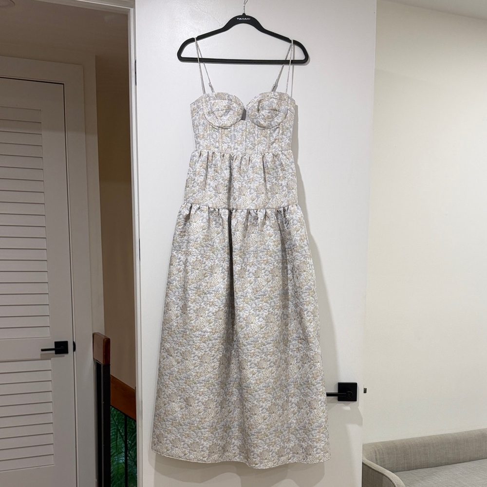 Strapless Floral Bustier Maxi Dress in Light Beige